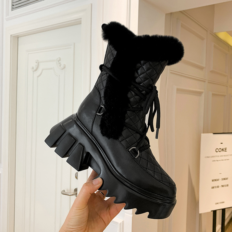 

2021 Russian Winter Cow + Fur of Rabbit Stuffed Plaid Diamond Boots CSX9, Black-winter