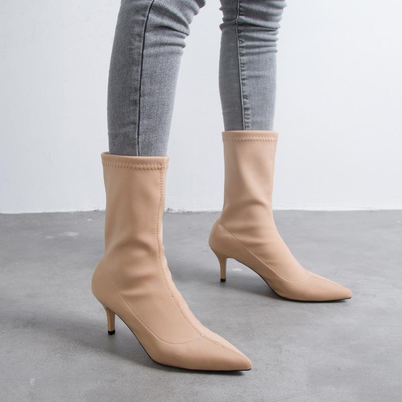 

Black beige ankle elastic socks boots female pointed thin heel boots stretch female winter shoes sexy woman