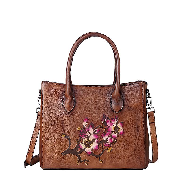 

Retro Designer Handbags for Women Genuine Leather Embossing Floral Bolso De Mujer Solid Color Vintage Shoulder & Crossbody Bags, Brown