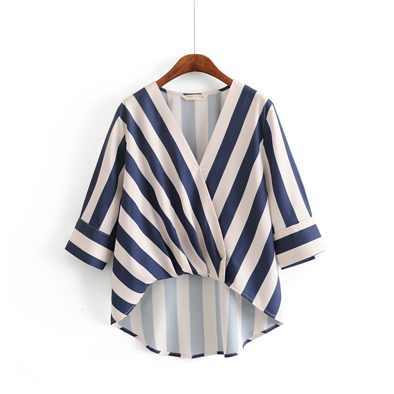 

2021 New Arrival Sells Women' Blouses Summer Clothes Stripe with V-neck Neck Neck-down Short Cotton Striped Shirts Top the ST1D, See chart