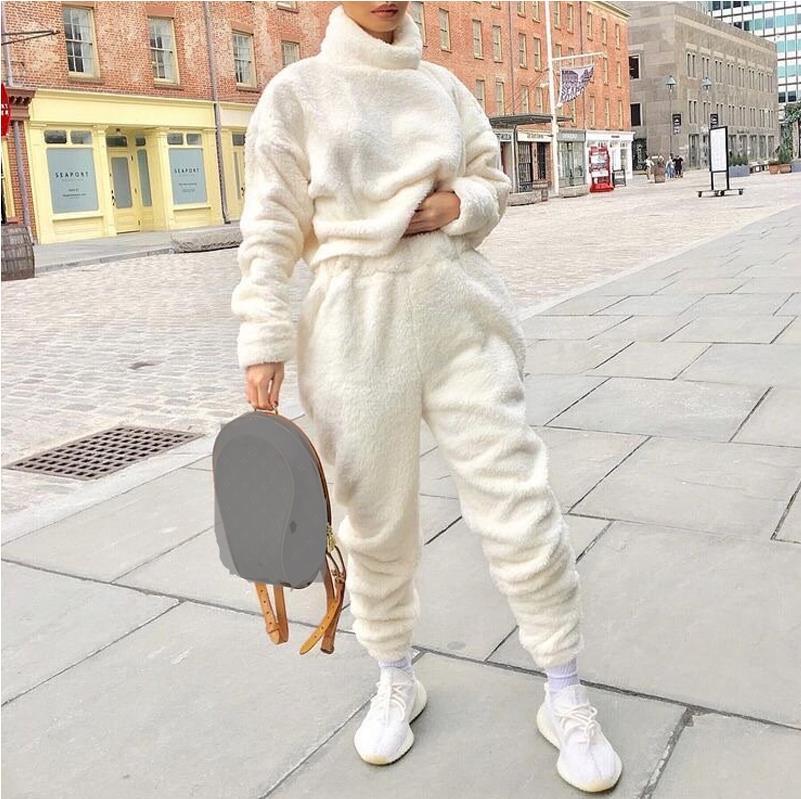 

Winter Warm Fluff Solid 2 Piece Suit Women Elegant Casual O-Neck Long Sleeves Tops And Pants Ladies Fashion Streetwear Suits 3XL, White