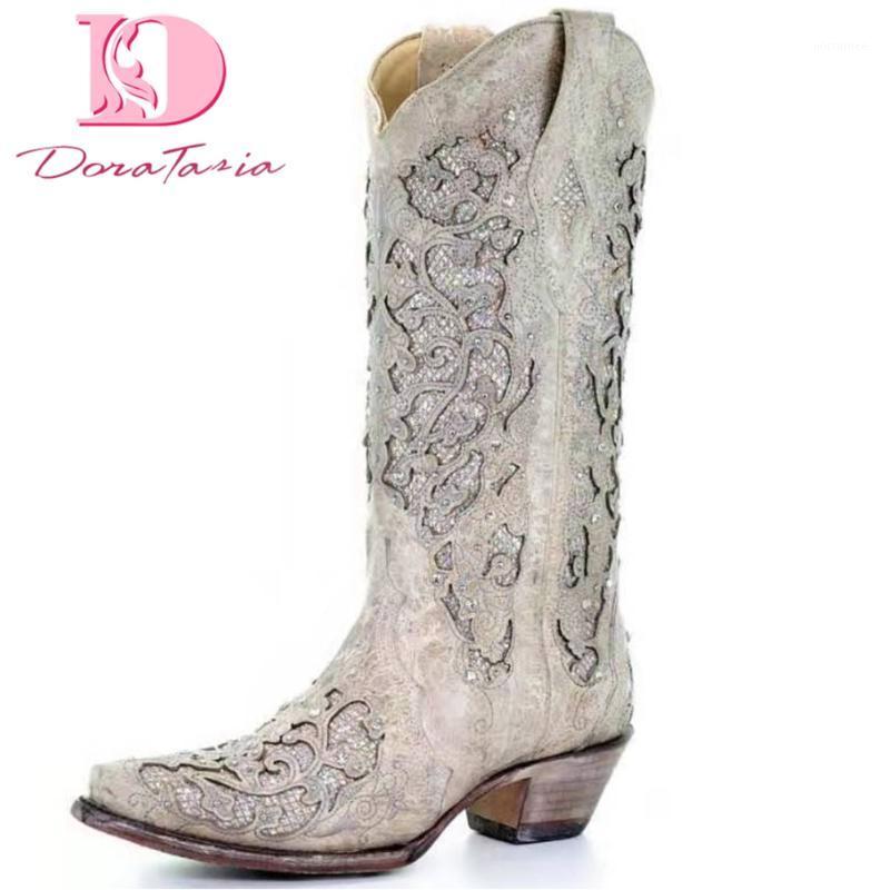 

DoraTasia Big Size 34-43 Ladies Chunky Heels Mid Calf Boots Square Toe Crystal Boots Women 2020 Concise Elegant Shoes Woman1, Beige