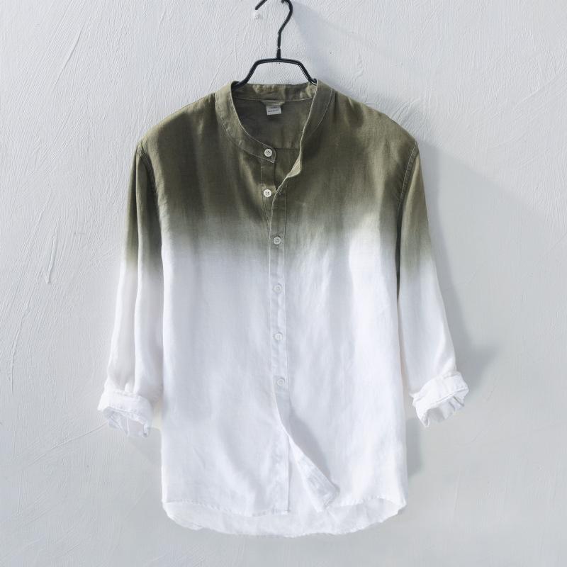 

Mens Pure Linen Shirts Gradient Color Three Quarter Sleeve Casual Shirt Men Summer Mandarin Collar Social Business Shirts TS-335, Blue white