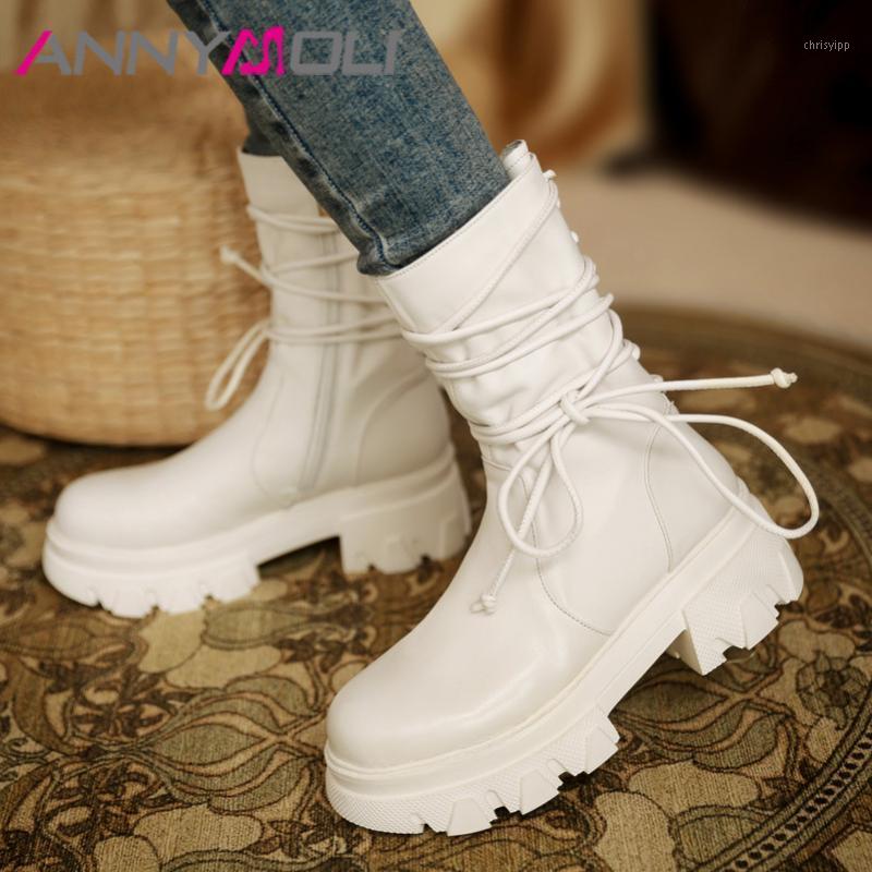 

ANNYMOLI Motorcycle Boots Women Shoes Genuine Leather Platform High Heel Mid Calf Boots Lace Up Zipper Chunky Heels Female1, Black synthetic lin