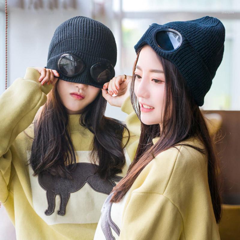 

Q Fashion Autumn Winter Solid Color Unisex Windproof Goggles Caps For Men Women Casual Plus Velvet Ski Hat Knitted Warm Wool Hat1