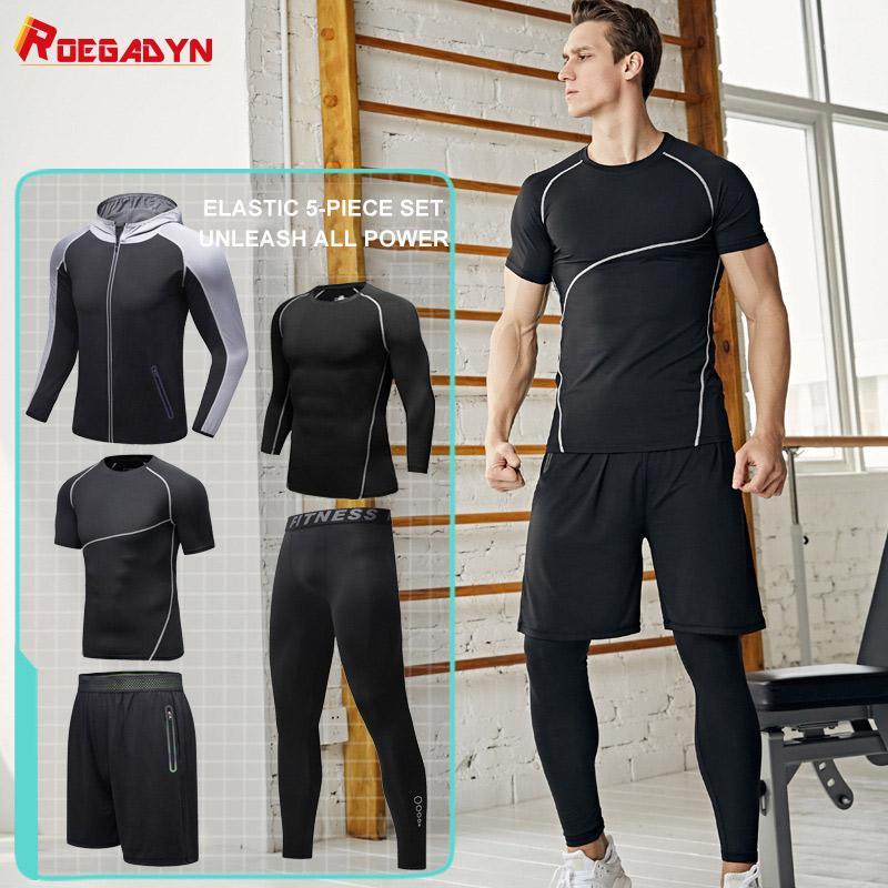 

ROEGADYN 5 Pcs/Set Sportswear Fitness Men'S Tracksuit Quick Dry Compression Suit Gym Running Set Sports Suit For Men1, Two-piece black