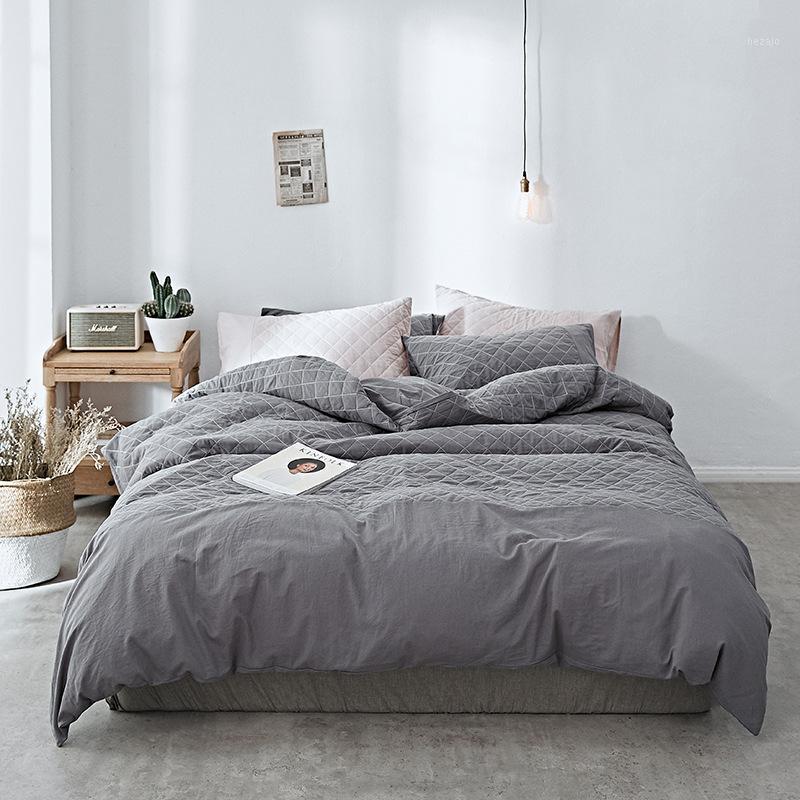 

100% Cotton Bedding set AB Side Quilted Duvet cover Flat Sheet Pillowcase High Quality Solid Bed Set Bedclothes King Queen Twin1, Blue