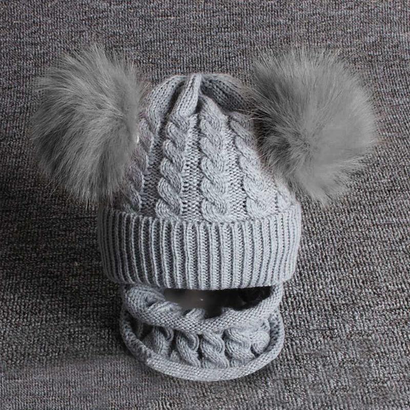 

2pcs Kid Baby Knitting Wool Hemming Keep Warm Winter Hiarball Cap Hat +scarf Set Kids Hat Baby Newborn Photography Props, White