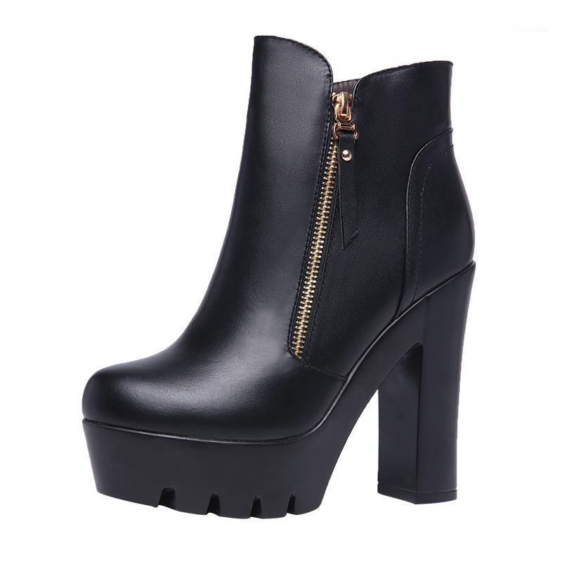 

Plus Size 32-43 Block Heels Platform Boots Women's Winter Shoes 2020 Black Leather Ankle Boots for Women High Heel Plush1, Black fur lining