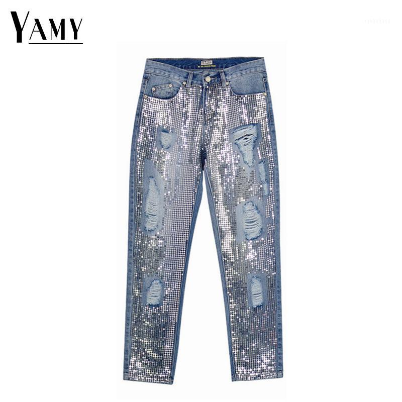 

Sequin jeans woman sexy plus size vintage mid waist hole mom boyfriend ripped jeans for women's distressed denim pants1, Blue