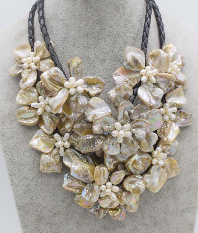 

Chains ! Freshwater Pearl Necklace White Rice And Shell Baroque Flower 18inch Nature Handmade Wholesale FPPJ
