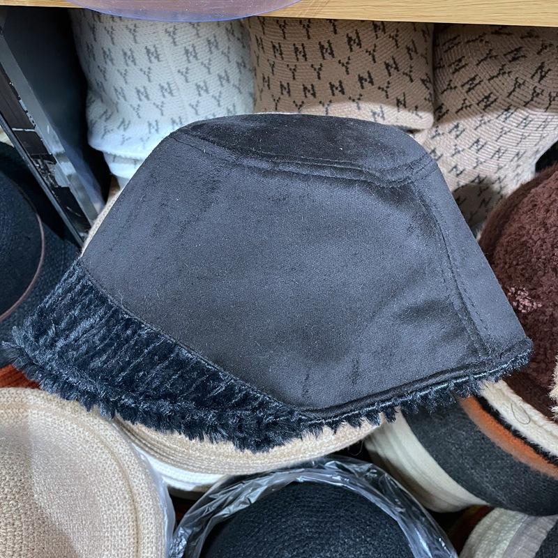 

Beanie/Skull Caps Japanese Fashion Autumn And Winter Plush Stitched Suede Bucket Hat, Black