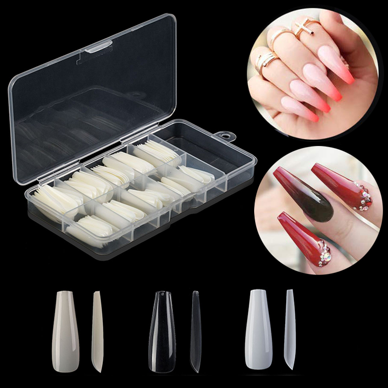 

100pcs/box Long Full Cover Coffin Nail Art Tips White/Clear/Natural Ballerina Flase Nails Flat Shape Acrylic Stiletto Fake Nails, Stiletto white