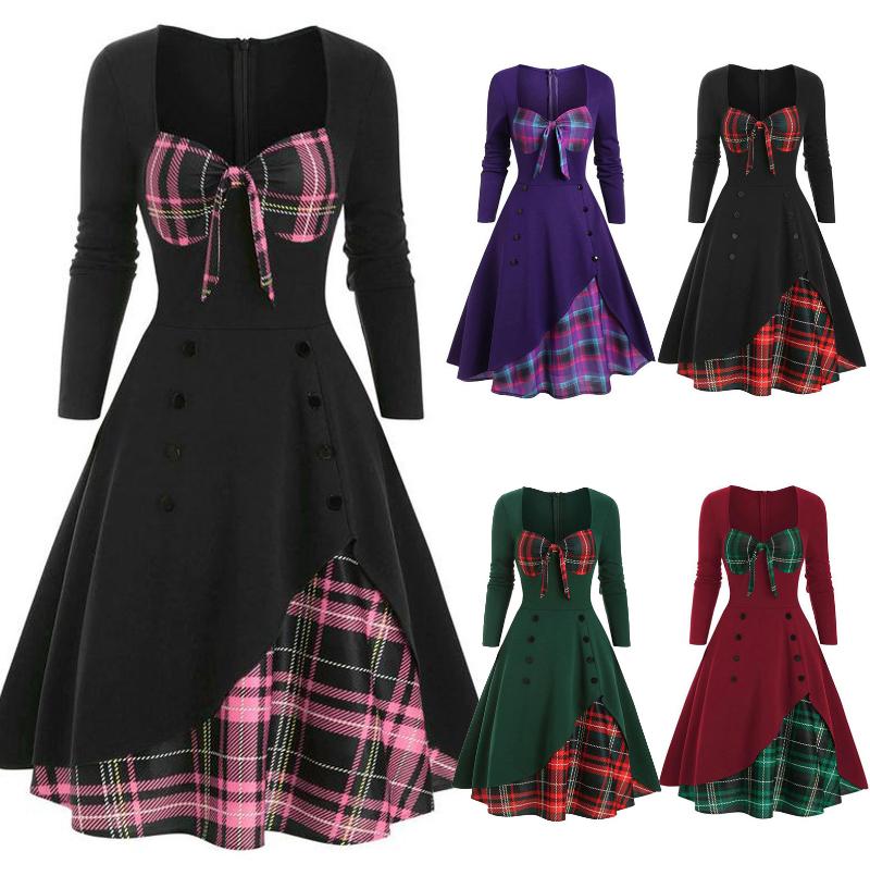 

2021 Winter Women Plaid button bow Fashion Stitching Dresses Button Decoration A-Line Slim -3XL Oversized Female Casual Dress, Bk