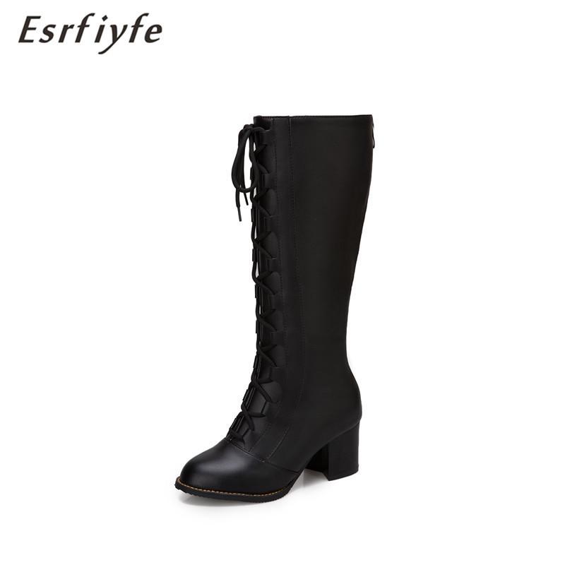 

ESRFIYFE 2020 New Autumn Winter Women Knee High Boots Pu Leather Lace Up Women Shoes Round Toe High Heel Shoes Woman Black