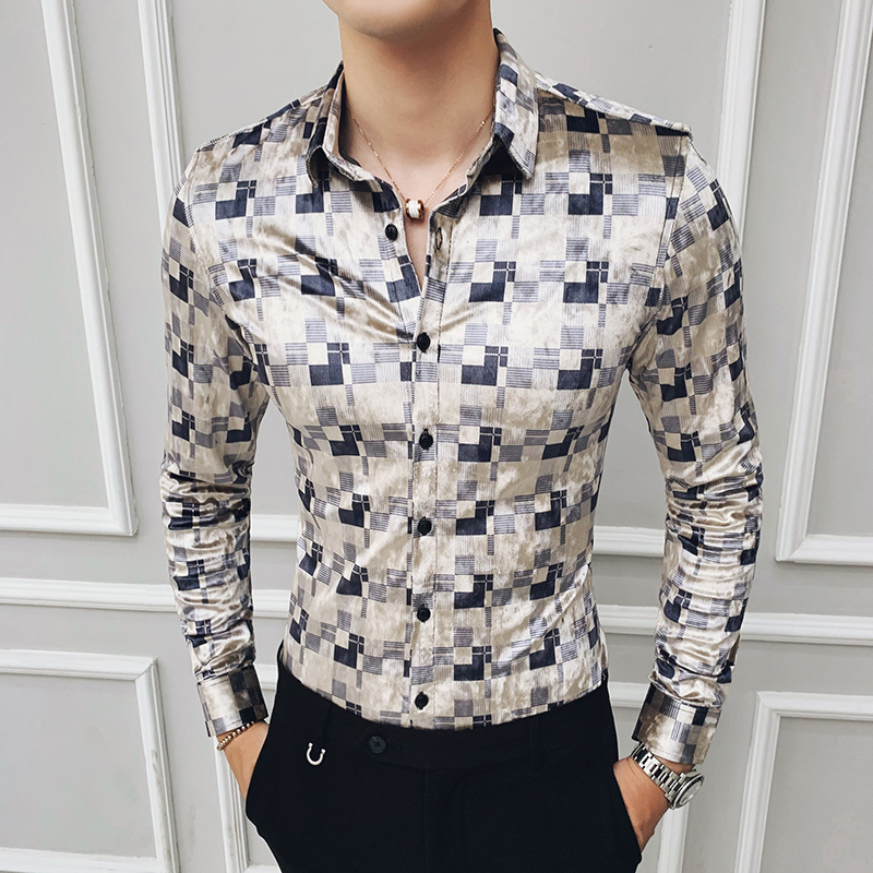 

2021 New Formal Prom Camisa Winter Check Veet Slim Fit Men Long Sleeves Shirts Fashion Streetwear Brand Clothes Wyw2, C127 as picture