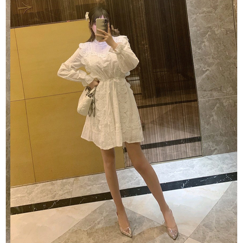 

2021 Solid White of Woman with High Waist Long Sleeve Lace Embroidered Dress Casual Luxury Runway Dressed in New Women's Street 7u0f