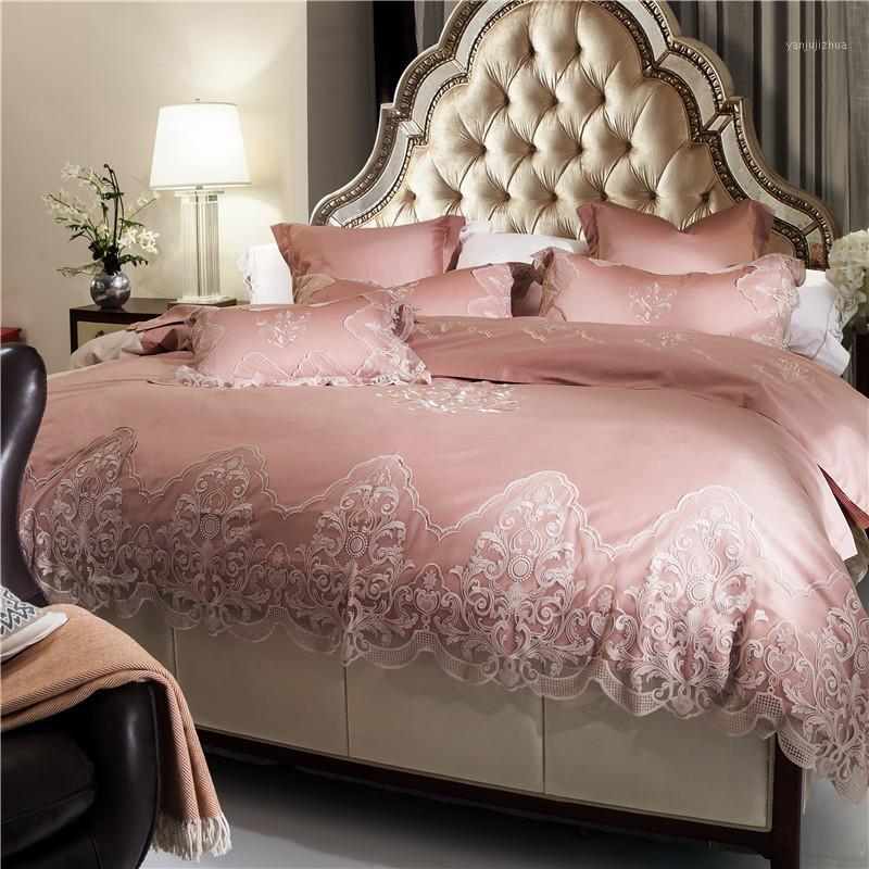 

luxury white pink princess bedding set king queen duvet cover bed sheet set egypt cotton lace embroidery bed juego de cama1