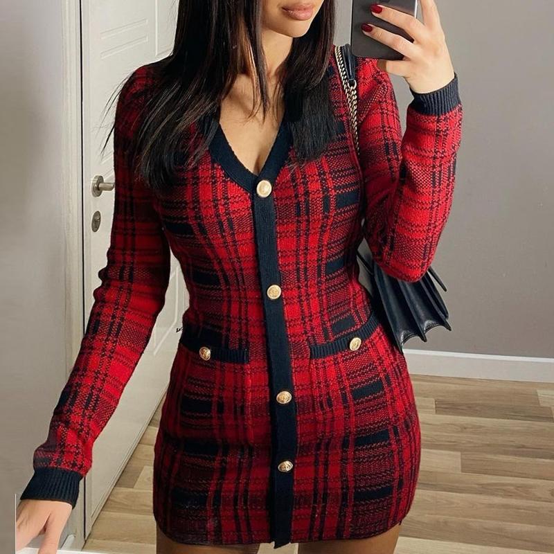 

Casual Dresses Women Red Plaid Printed Buttons V-neck Long Sleeve Plunge Wrap Bodycon Mini Dress