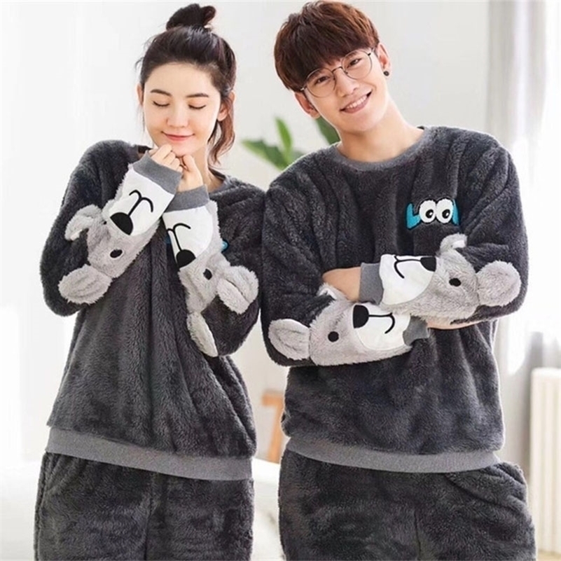 

Cute Animal Flannel Pattern Winter Couples Pajamas Set For Women Men Plush Fabric Sleepwear Pyjamas Suit Home Clothing 201111, As picture