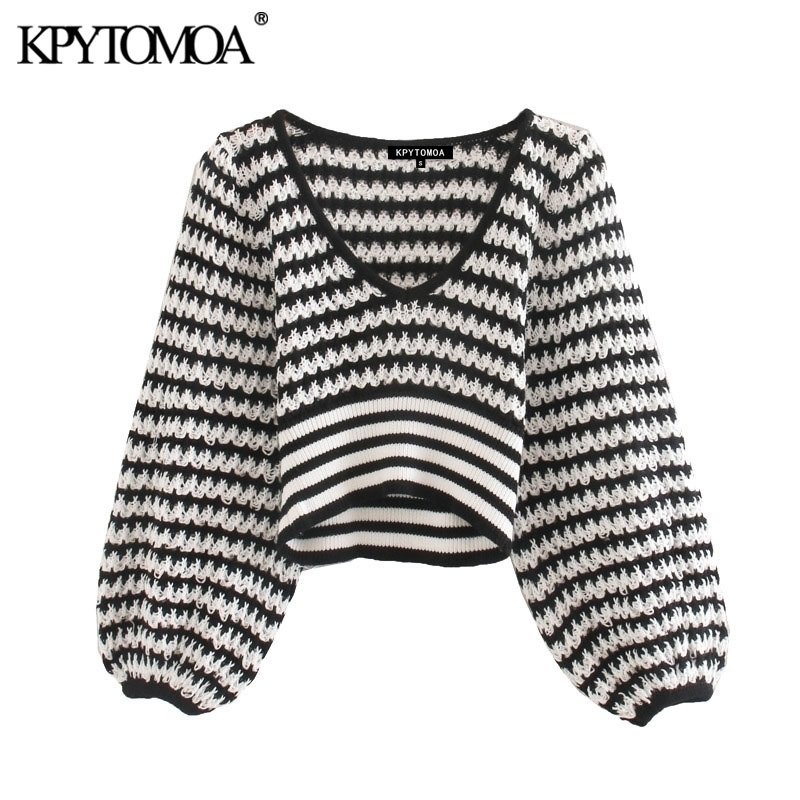 

KPYTOMOA Women Fashion Striped Cropped Knitted Sweater Vintage V Neck Lantern Sleeve Female Pullovers Chic Tops 201017, As picture