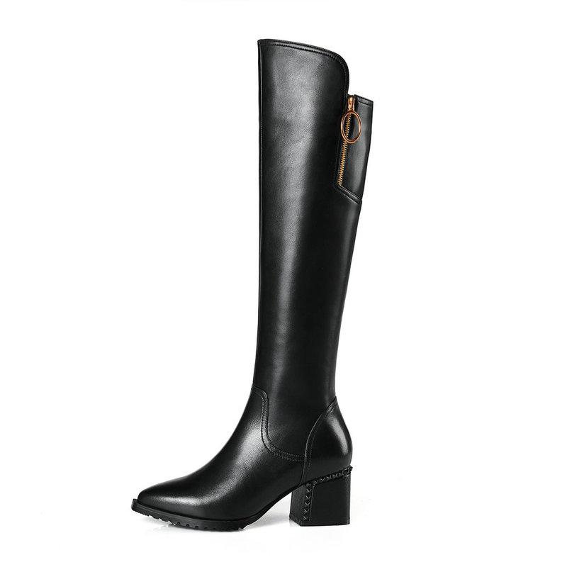 

Western Boots Women Knee High Cowboy Boots Fashion Pointed Toe Sewing Shoes Female High Heels Thick Shoes Ladies Autumn, Black