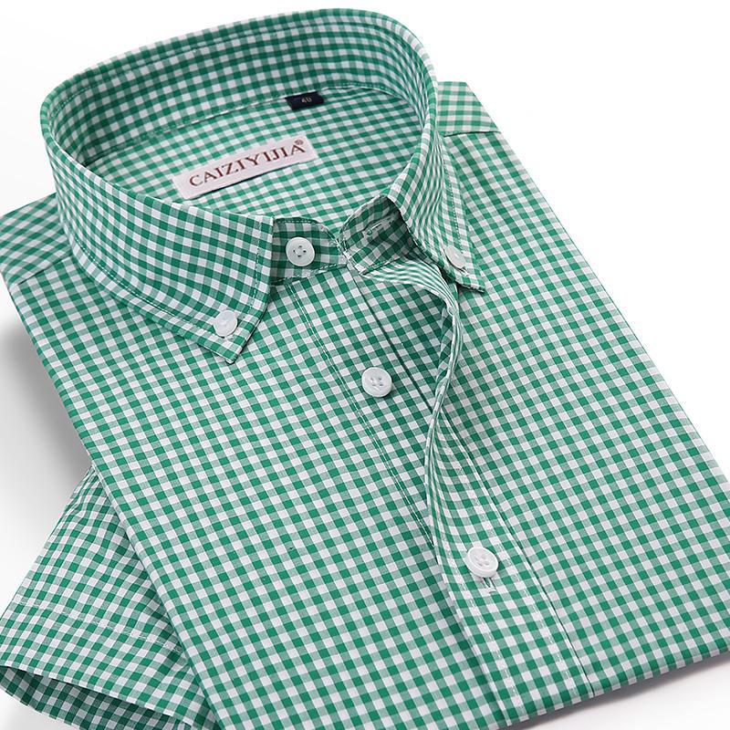 

Men's Summer Short Sleeve Plaid Checkered Shirt Pocket-less Design Wrinkle Free Casual Standard-fit Gingham Cotton Shirts, Cld115