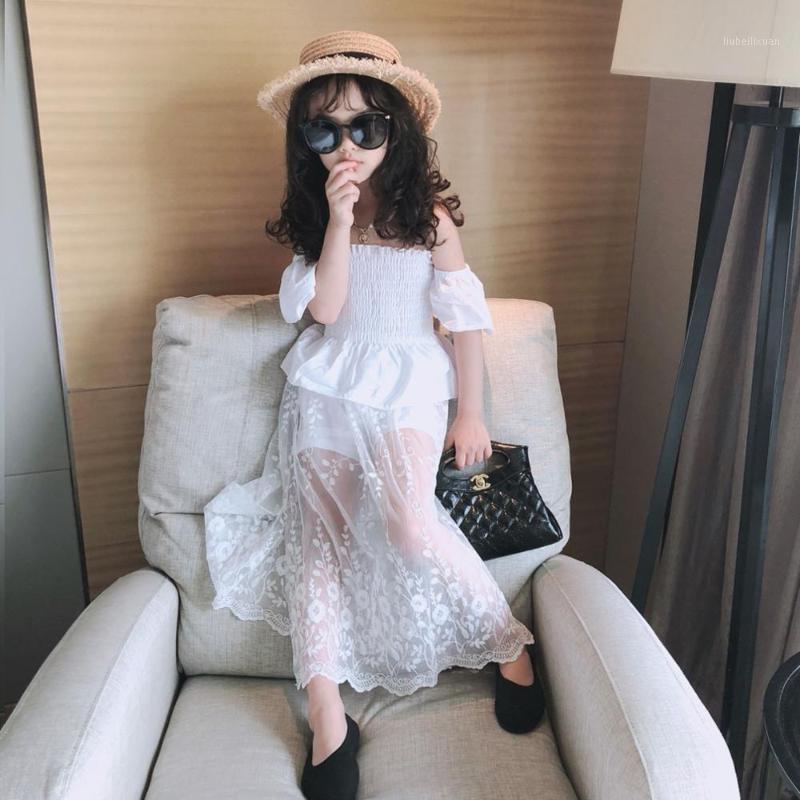 

Summer girls 2 pcs set baby blouse + skirtpants kids suit children set streetwear elastic shoulderless mesh 2 to 7 yrs1, White