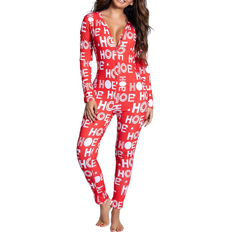 

Women Fashion Casual V Neck Long Sleeve Letter Print Jumpsuits Overalls Buttoned Design Adults Pajamas Jumpsuit, Red