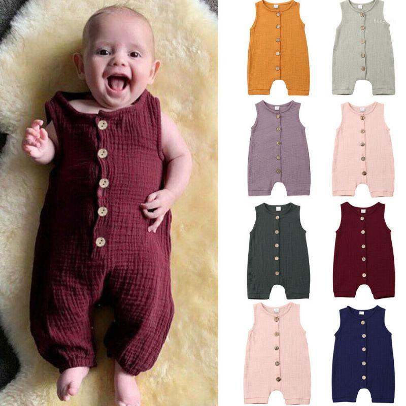 

2019 Baby Summer Clothing Newborn Baby Boy Girl Cotton Linen Romper Sleeveless Single Breasted Unisex Jumpsuit Playsuit 0-24M1, Wine red