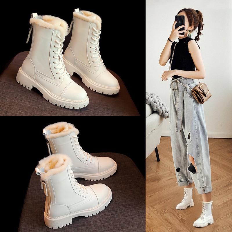 

Swyivy White Winter Warm Shoes Women Genuine Leather Snow Boots Fur Warm Sneakers High Top 2021 White Shoes Ankle Boots Female, Beige
