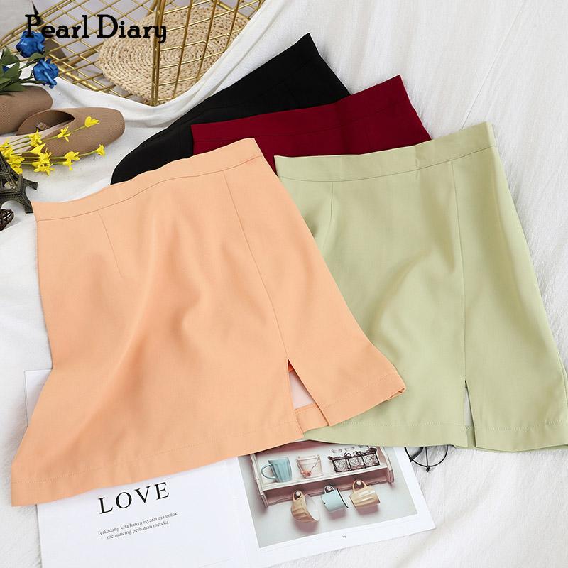

Pearl Diary Women A Line Skirt Spring Summer Solid Color High Waist Side Slit Sweet Skirt Korean Style Office Lady Elegant, Blue