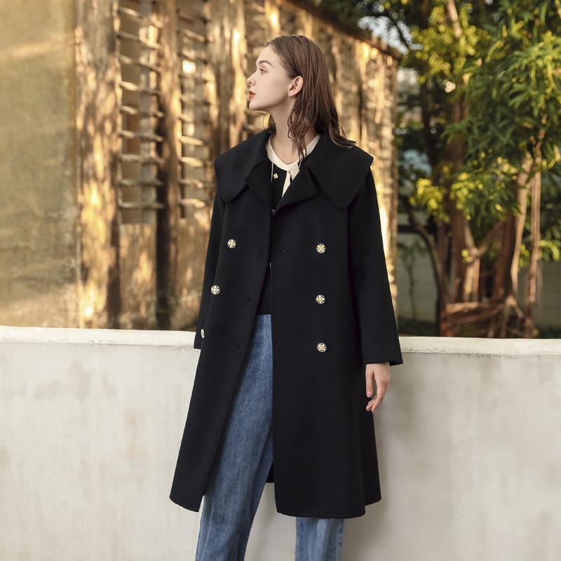 

Autumn and winter 2020 new women' pure color Lapel long wool coat with thin temperament double faced tweed coat 98220, Black