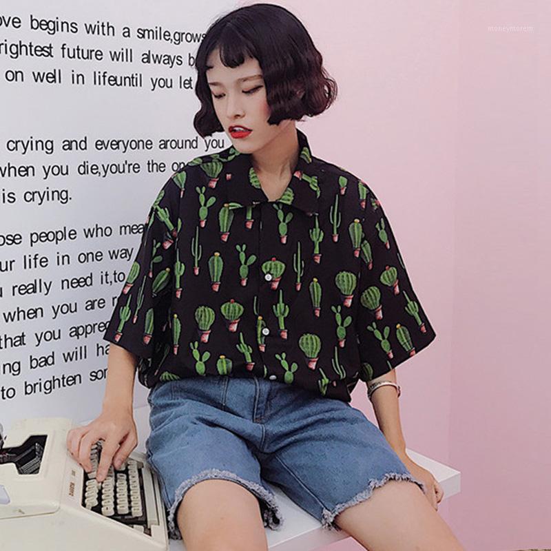 

Harajuku Summer Women Blouses Cactus Print Casual oversize black blouse Short Sleeve Turn Down Collar Shirt Tops girl streetwear1, Lant d xianrenzhang