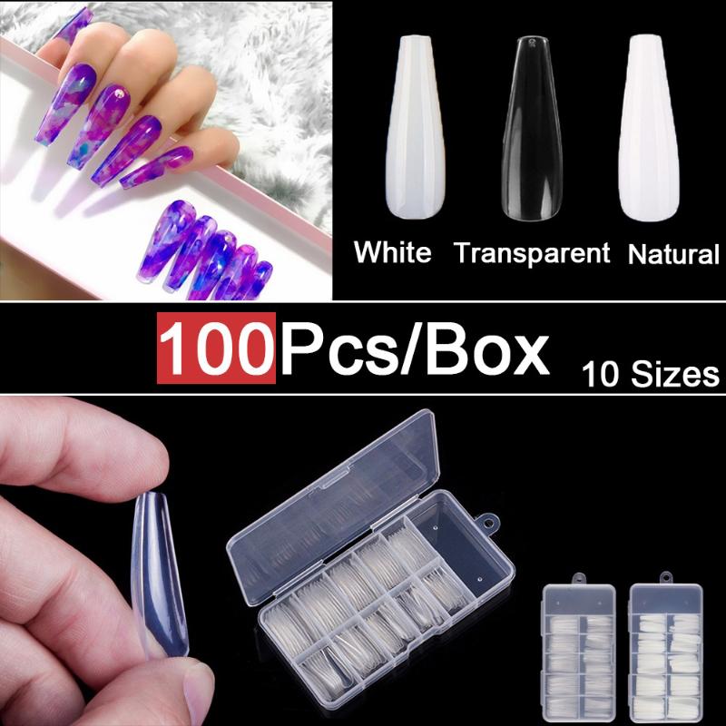

100pcs/box Press on False Nails Long Clear Coffin False Nails Tips Full Cover Acrylic Fake 10 Sizes Ballerina, Transparent