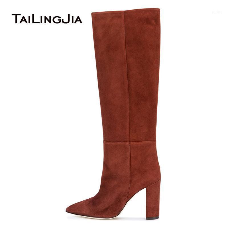 

2020 Chunky Heel Knee High Boots Pointed Toe Brown Faux Suede Long Boots High Block Heel Slip On Tall Boot Ladies Winter Shoes1, Plush lining