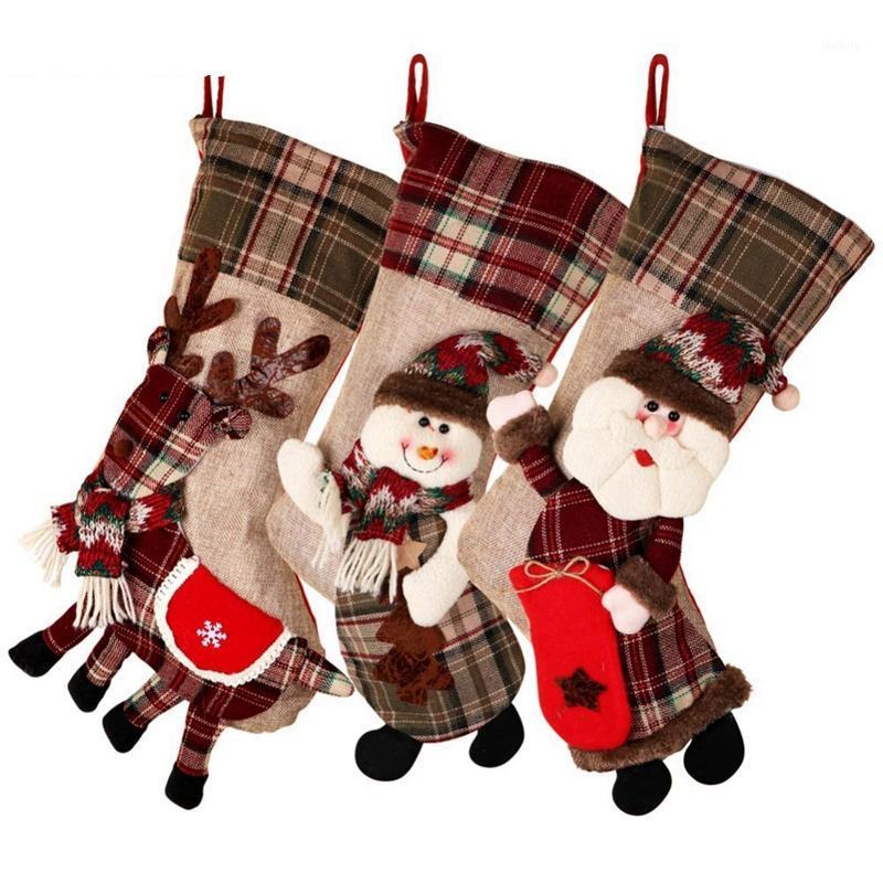

Large Christmas Stocking Sock Plaid Gift Holder Christmas Tree Decoration New Year Gift Candy Bags1