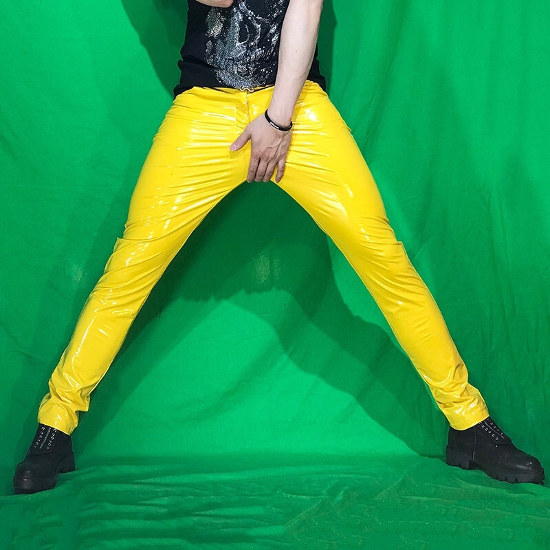 

2020 Men's Skinny Fashionable Stretch Sexy Patent Leather Night Club Clothes Reflective Plutonium Pants Rf99