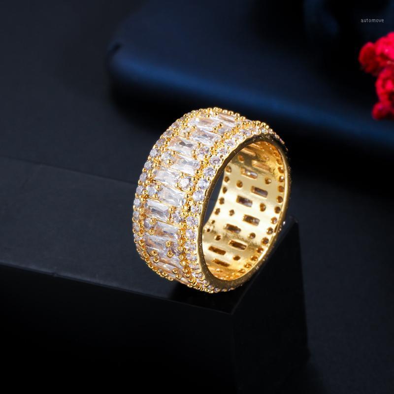 

CWWZircons Luxury Full Cubic Zirconia Paved Yellow Gold Color Big Round Rings for Women Engagement Wedding Band Jewelry R1711