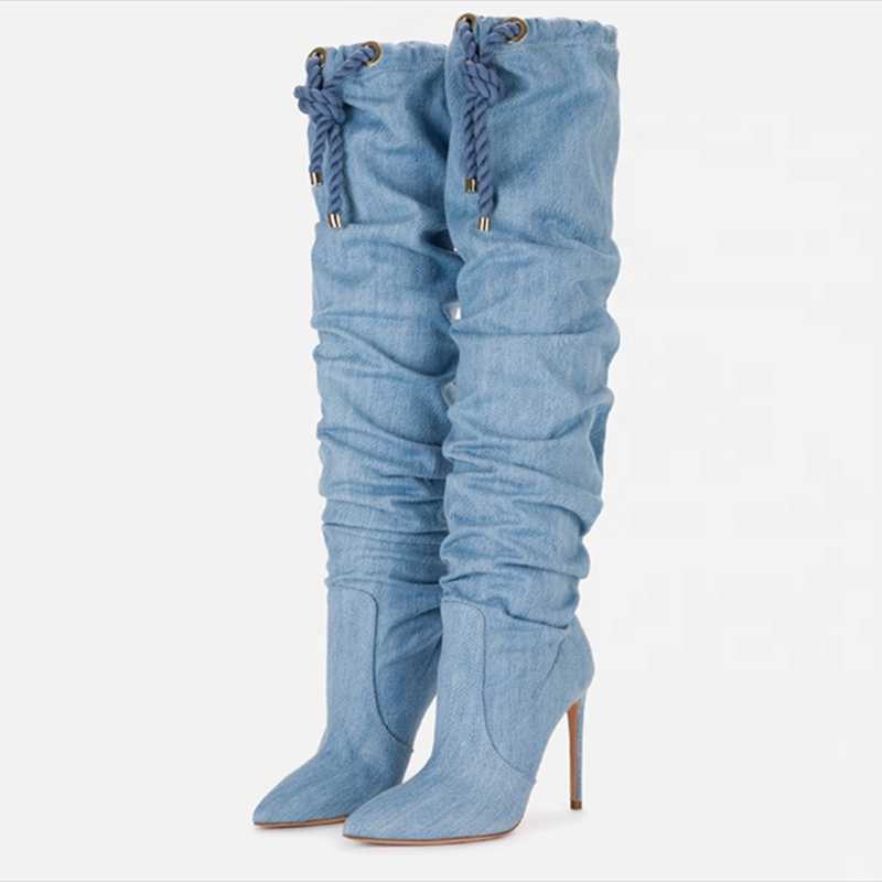 

Casual Solid Blue Denim Boots Women Pointed Toe Pleated Thin High Heel Knee High Boots Lace Up Winter Fashion Shoes Plus Size 43, Dark blue