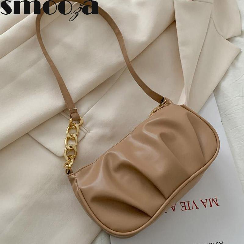 

SMOOZA Female Shoulder Bags 2021 New Fashion Portable Texture Messenger Handbags Women Pu Folds Solid Color Mini Casual Bags, Black
