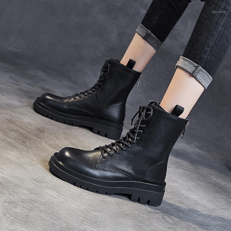 

Yiluan Genuine Leather 2021 INS Woman Real Leather Ankle Boots Lace Up Shoes Woman Student Short Boots Platform Motorcycle1, Beige