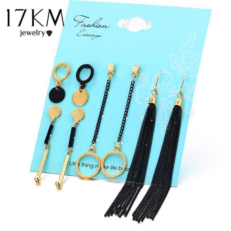 

17KM 4 Pairs/Set Geometric Vintage Stud Earrings For Woman Contrast Tassel Round Gold Black Color Earrings Set Fashion Jewelry