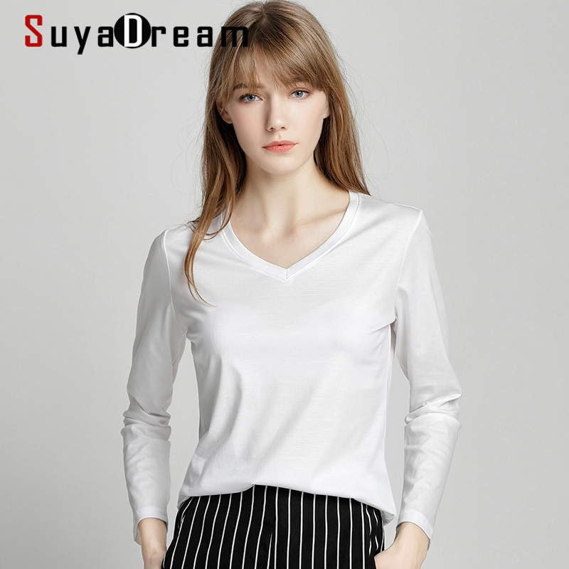 

SuyaDream Women Solid T shirts Cotton and Silk mix Plain O neck Long Sleeved Shirts Autumn Winter Basic Top 201125, Ash v neck