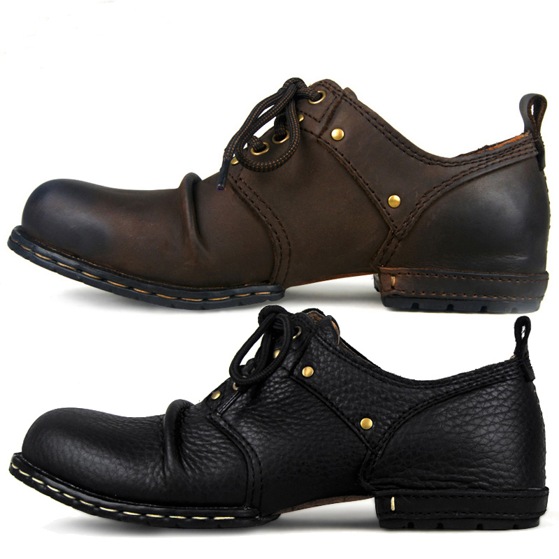 

OTTO ZONE Handmade Genuine Cow Leather Ankle Boots Fashion Men Shoes Boots Rivet Flat Shoes Casual Lace-Up shoes,Best quality 201202, Black