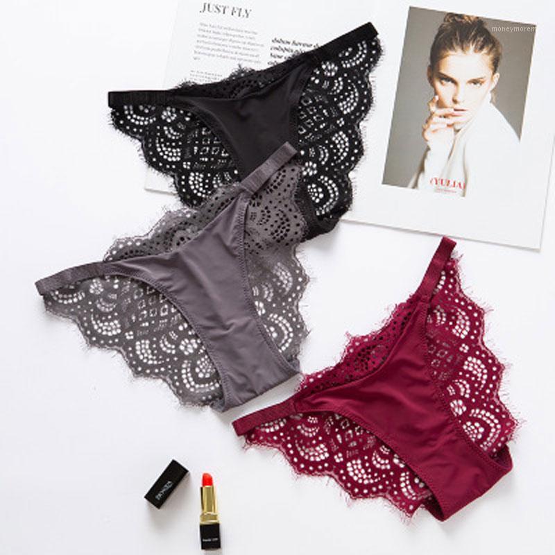 

New high-quality sexy couple ice silk underwear without trace low waist eyelash lace border transparent underwear1, Black