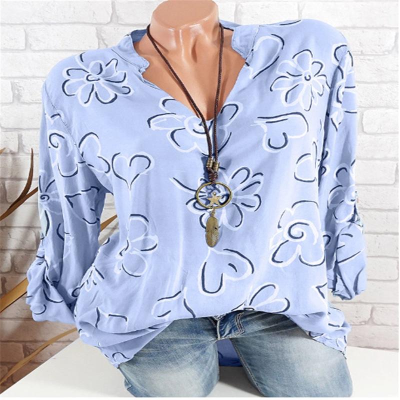 

2XL Plus Large Size Women' Blouses Summer Tops New Leisure Blouse White Loose Floral Print V Neck Long Sleeve Shirts Blusas, Blue