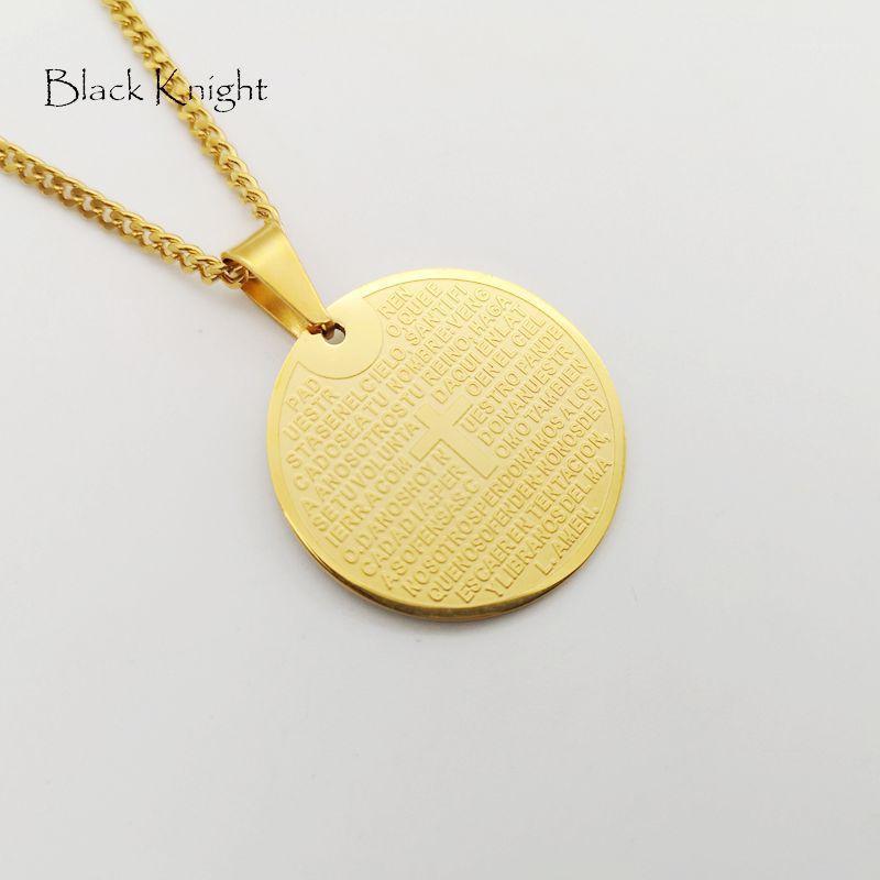 

Pendant Necklaces Black Knight Gold Color Stainless Steel Holy Bible Cross Round Medal Necklace Christian BLKN06471