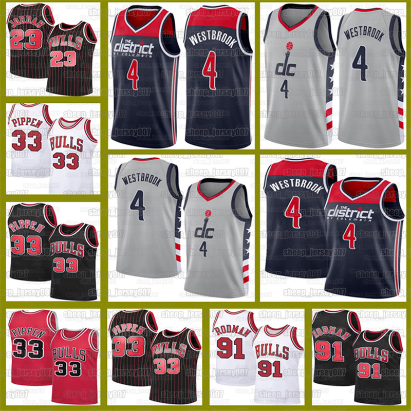 

Russell 4 Westbrook Washington Wizards 23 Michael Scottie 33 Pippen Dennis 91 Rodman Jersey Retro Bull Basketball, Black;red