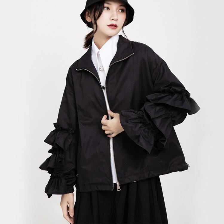 

Autumn New Women's Jackets Jackets Wood Ears Puff Sleeve Windproof Warm Jacket Women, Black